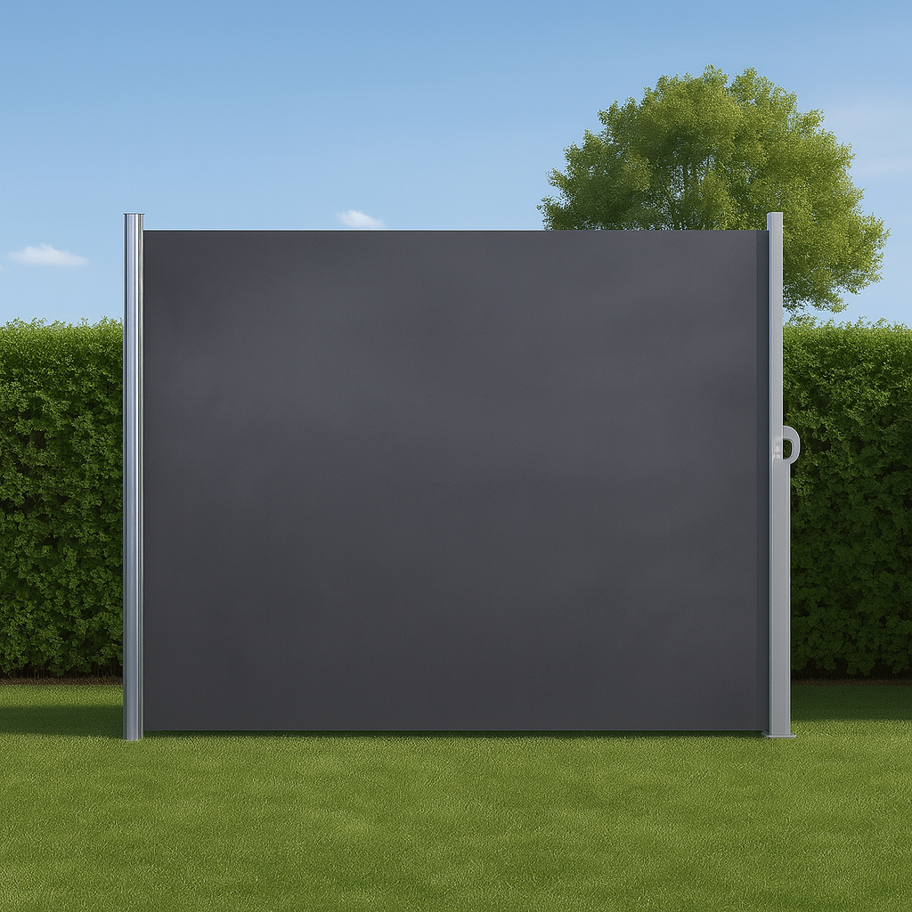 Seitenmarkise Anthrazit 1,6 x 3 m, auf Wiesen montiert