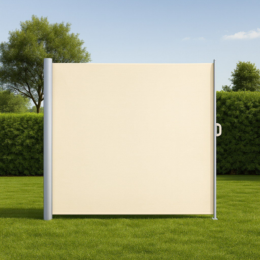 Seitenmarkise Beige 1,6 x 3 m, auf Wiesen montiert